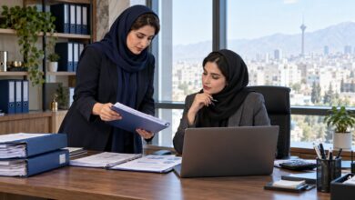 متن جایگزین تصویر: مدیر مالی زن و حسابدار زن در جلسه تحویل اسناد مالی شرکت