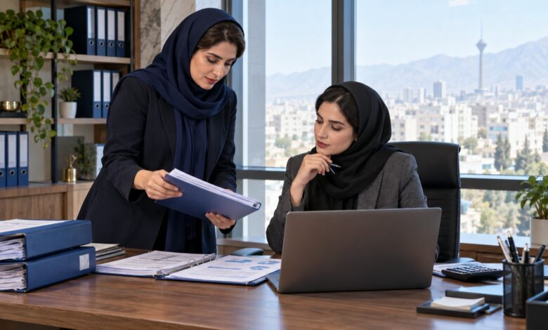 متن جایگزین تصویر: مدیر مالی زن و حسابدار زن در جلسه تحویل اسناد مالی شرکت